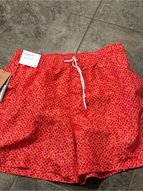 🫐Men's Red Patterned Swim Trunks - Elastic Waist with Drawstring